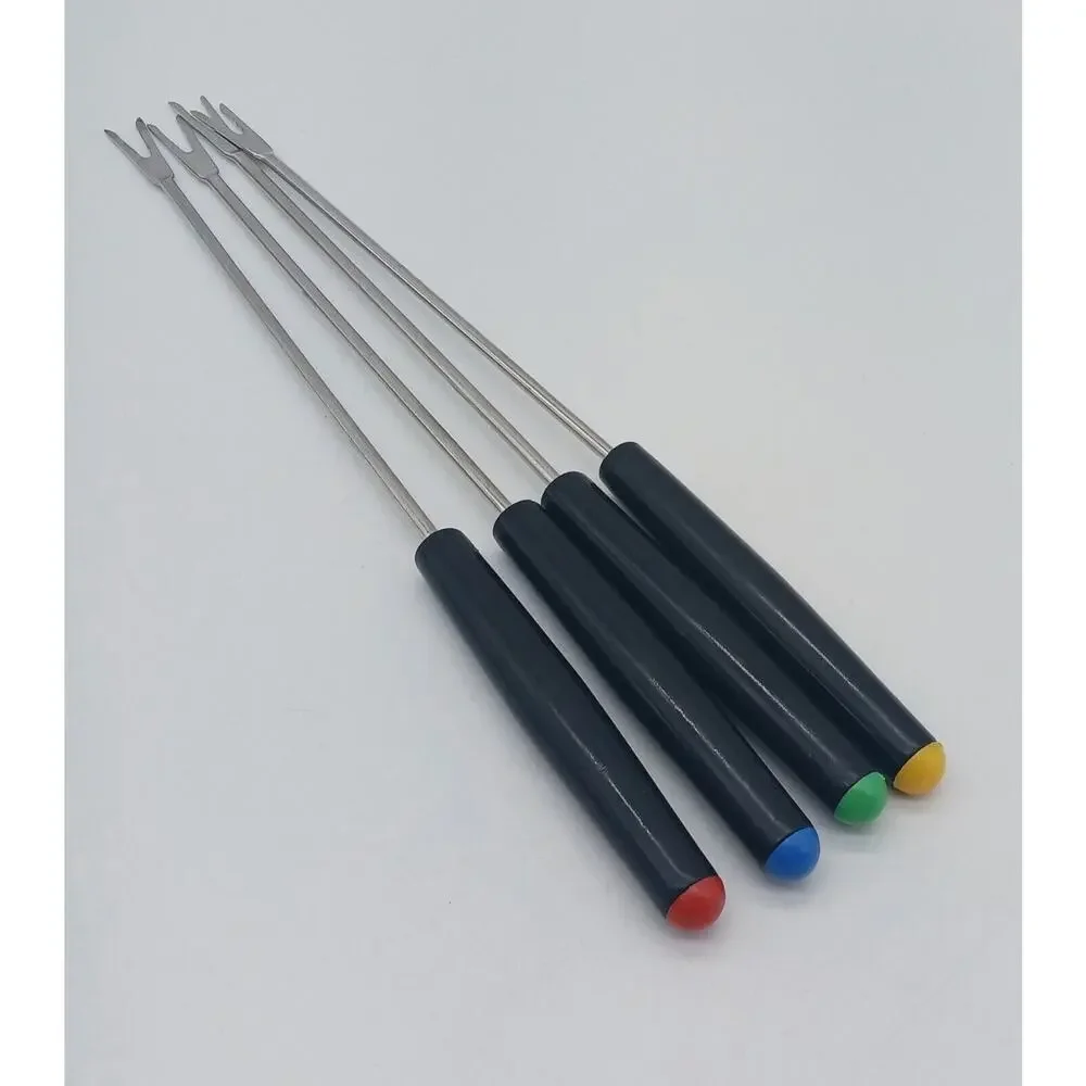 Set of 4 Vintage Fondue Forks Black Plastic Handles Red Yellow Green Blue Ends